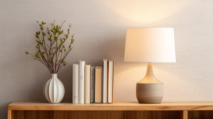 A modern white lamp with golden accents and a linen shade stands beside tomes atop a simplistic wood sideboard against a barren beige wall, creating a mockup 3D close-up.