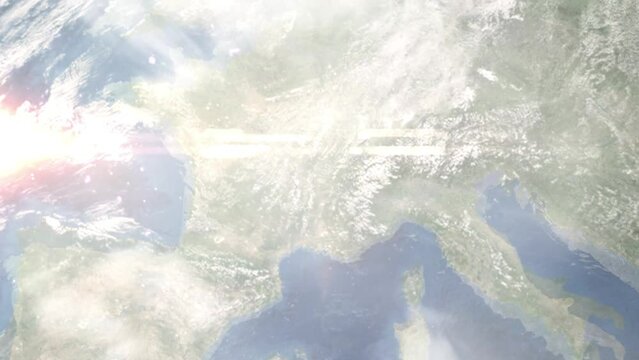 Zoom in from space and focus on Bron, France. 3D Animation. Background for travel intro. Elements of this image furnished by NASA	