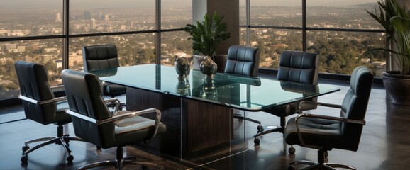 Fototapeta na wymiar Evoke a boardroom's ambiance with a commanding glass table and high-back leather chairs.