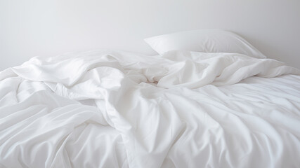 White bed sheets and pillows. Comfortable bed with white linen at home, white bedding sheets texture for background. Generative AI