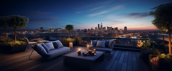 Evoke the modern vibe of an office terrace, gazing upon a cityscape bathed in twilight.