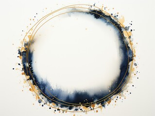 Fototapeta na wymiar random gold circles frame with navy blue watercolor paint random abstract with droplets splashed around 