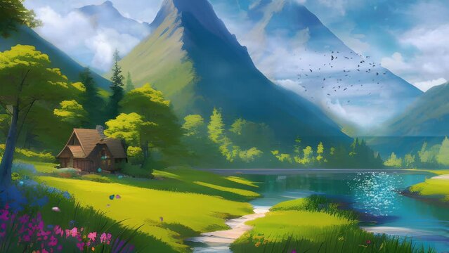 mesmerizing natural landscape in watercolor, including mountains, rivers, houses, and flowers. Cartoon or anime illustration style. seamless looping 4K virtual video animation background.
