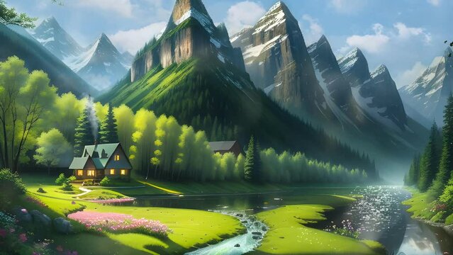 Seamless looping 4K animation depicts a scenic village with mountains, rivers, and flowers in a anime or cartoon watercolor painting style.