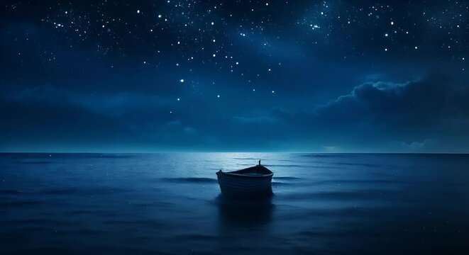 Boat in the sea in the midle of the night, beautiful sky with stars