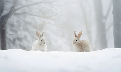 Two cute white rabbits in the winter forest on the snow. Little hares with winter fur on a snowy meadow. Photo of winter wildlife animals and nature. Banner for card, poster, print with copy space.