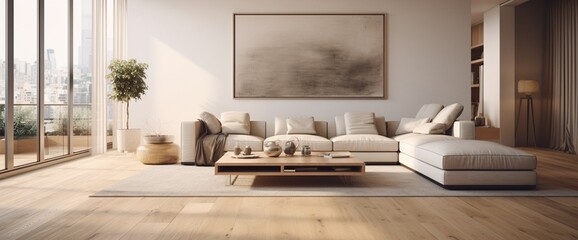Imagine an empty living room in a modern apartment, characterized by the organic beauty of hardwood floors, a canvas for contemporary living.