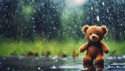 Small brown teddy bear standing in the rain, concept feelings of nostalgia and longing