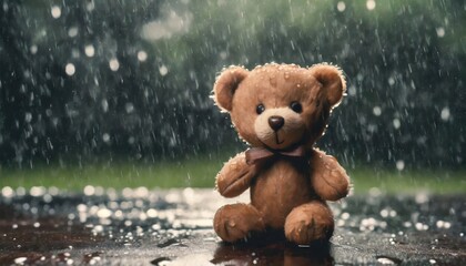 Small brown teddy bear standing in the rain, concept feelings of nostalgia and longing