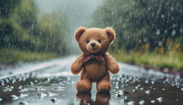 Small brown teddy bear standing in the rain, concept feelings of nostalgia and longing