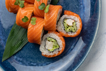 Japanese cuisine. Philadelphia rolls with salmon