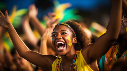 An atmospheric photo of a dazzling hypnotic faces of the revelers onr at the Rio Carnival celebrations