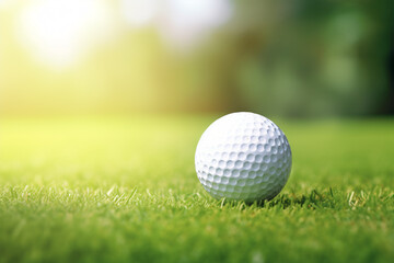 Fototapeta premium A golf ball nestled on a tee amidst a softly-blurred green backdrop.