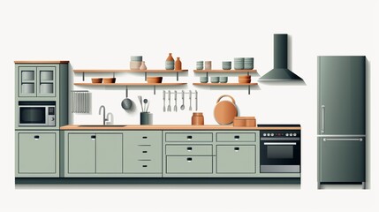 : Kitchen cabinets set mockup with vector furniture, including cabinetry, cupboards, bookshelves, and wall-mounted shelves for an isolated home 