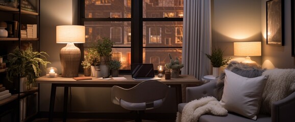 Capture the essence of a cozy corner office, adorned with plush textiles and inviting lighting.
