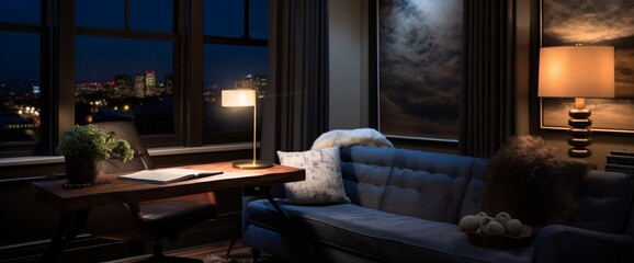 Capture the essence of a cozy corner office, adorned with plush textiles and inviting lighting.