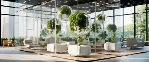 Fototapeten Capture the futuristic vibe of a breakout space with glass walls and plant installations. © Aaron Gallery  