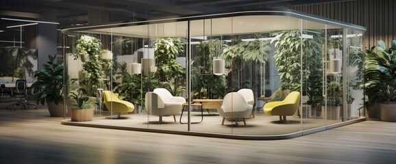 Capture the futuristic vibe of a breakout space with glass walls and plant installations. - obrazy, fototapety, plakaty