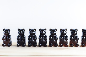 Vitamins in the form of gummy bears with elderberry extract on a white background. Gummy bears lined up in one line