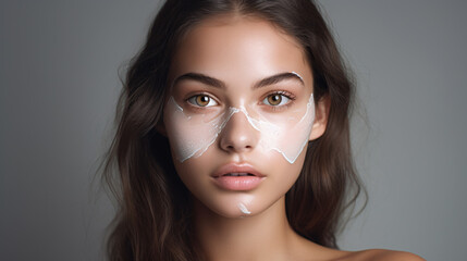 Young woman beautifies her complexion with daily facial skincare, applying a rich cream. - obrazy, fototapety, plakaty