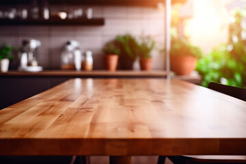 Brown wooden table with space for your text, set against a blurred background of a kitchen interior. Bright image.