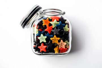 Multi-colored chewy gummy candies in the shape of a star in a glass jar on a white background. View from above