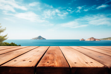 Fototapeta premium A wooden table set against the backdrop of the sea, an island, and the blue sky.Empty space for text. Bright image.