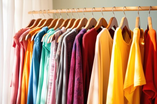 Wooden hangers with clothes on the rail in the store with women's clothing for sale. Shirt, dress, jacket, blouse. Flea market, second hand, discount, exchange, donation