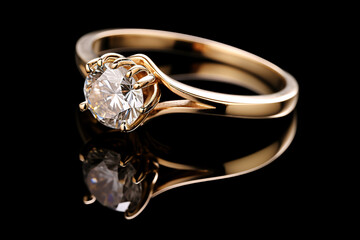 A solitaire-styled, yellow gold diamond engagement ring is isolated on black.