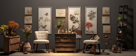 Conceptualize a space featuring a wooden commode, stool, dried flowers in a vase, unique decor, a carpet, and a mock-up poster frame,