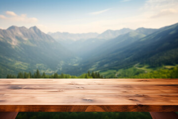 Empty wooden table with a blurred mountain hill background, suitable for montage or displaying your products.
