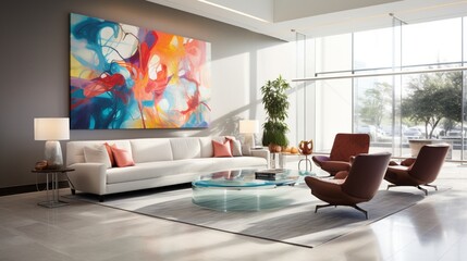 Convey the tranquility of a contemporary office lounge, adorned with avant-garde art pieces and plush seating.