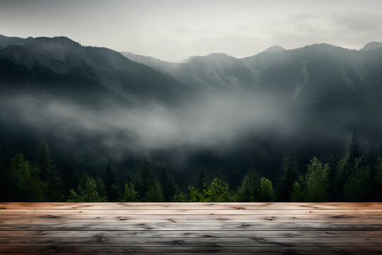 Empty black wooden table against a misty and dark forest in the mountains. Suitable for montage or displaying your products.
