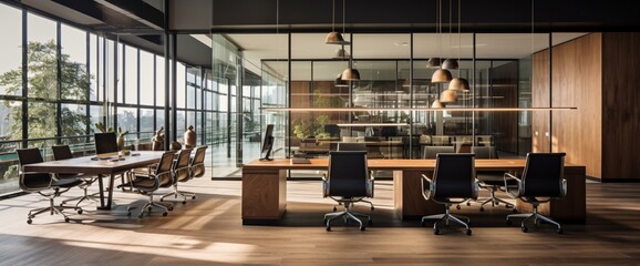 Craft an office interior blending the warmth of wood with the contemporary allure of glass and steel.