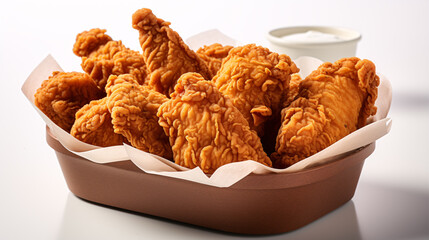 A bucket of crispy fried chicken isolated on a white background.