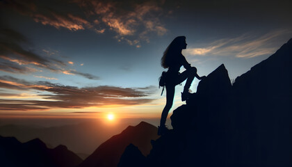 Drei Bergsteiger als Silhouetten auf einem Gipfel bei Sonnenuntergang, symbolisieren Teamarbeit und Erfolg