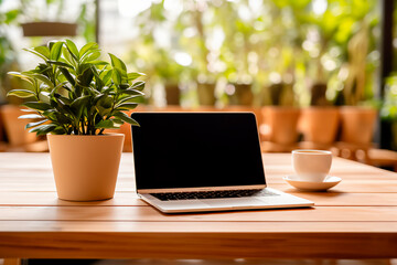 Wooden table featuring a laptop with a white empty screen, accompanied by a cup of coffee, enhanced by the vibrant backdrop of a blurred potted plant.