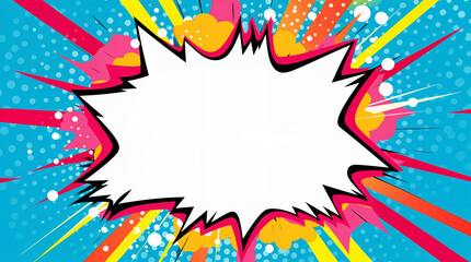 Colorful comic pop art boom explosion background, vibrant superhero theme sign frame, announcement