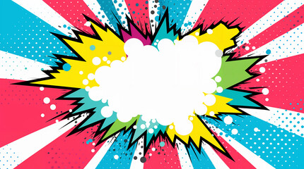 Fototapeta premium Colorful comic pop art boom explosion background, vibrant superhero theme sign frame, announcement