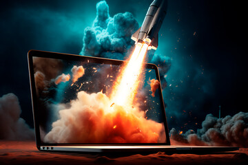 Cartoon illustration: Rocket emerging from a laptop screen. Bright and imaginative image.

