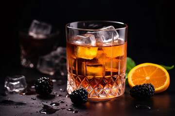 A frosty vintage libation with ice and blackberry garnished with a wedge of orange rested on a dark backdrop.