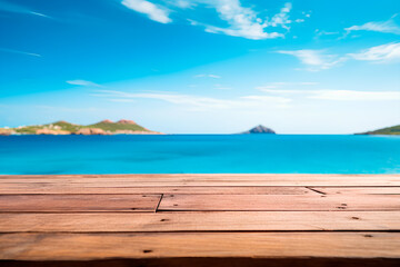 Fototapeta premium A wooden table set against the backdrop of the sea, an island, and the blue sky.Empty space for text. Bright image.