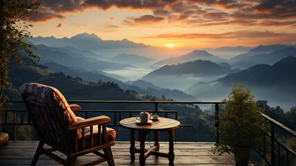 Fototapeta na wymiar Wooden chair and table with mountain view