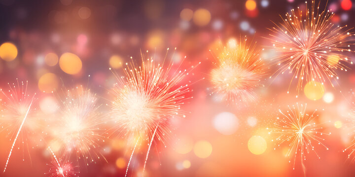 Colorful fireworks with bokeh background for New Year celebration, Red, Black and gold bokeh, spark for Christmas and Happy New Year for background, generative AI

