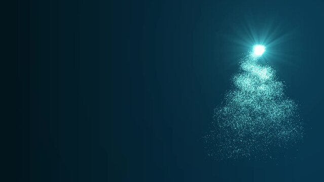 A bright light source draws a Christmas tree made of blue particles on a blue background. Animation for Christmas holiday with free space.
