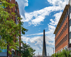A view of Leonard P. Zakim Bunker Hill Memorial Bridge from Constitution Rd, Boston, Massachusetts, USA