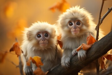 cute monkeys sitting on the trunk of a tree