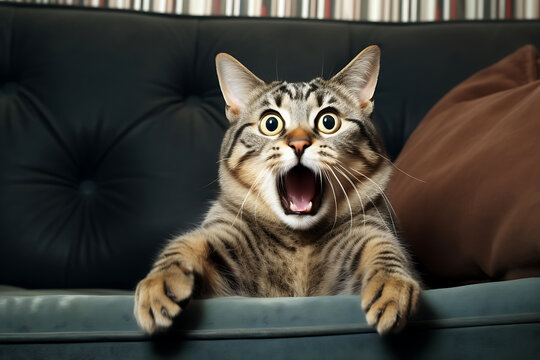 Surprised and shocked cat on a couch indoor.