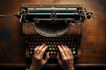 hands of a mature person typing on an old typewriter - obrazy, fototapety, plakaty