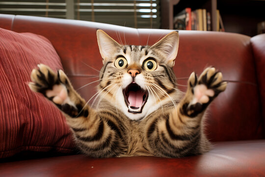 Surprised and shocked cat on a couch indoor.